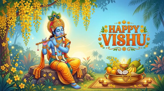 Happy vishu greetings. fruits decoration bowl. Kerala vishu festival vishukkani design. Creative vector illustration.