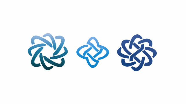 Three abstract illustrations of interwoven shapes with a gradient blue, set against a white backdrop