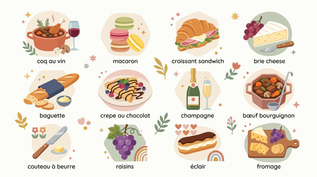 A vibrant illustration showcasing a collection of classic French foods and drinks, presented in a grid of charming hexagonal panels.