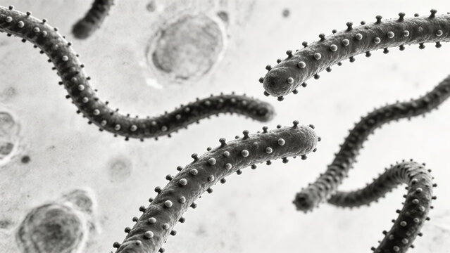 Transmission electron micrograph of Ebola virus, filamentous structure, surface glycoprotein