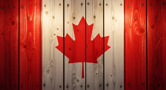 Vibrant canada day celebration background with maple leaf flag on wooden planks