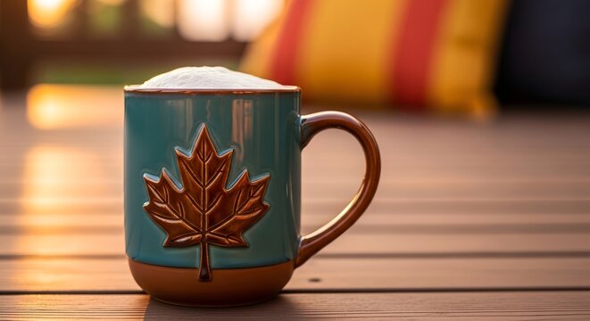 Celebrating canada day with a maple leaf ceramic mug on a wooden deck