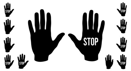 Fototapeta premium Hands stop sign with black silhouettes and text featuring warning, prohibition, safety with gesture and communication elements for symbol, icon