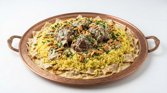 Mansaf Dish: A mouthwatering display of traditional Mansaf, a Jordanian dish featuring tender meat, fluffy rice, and a creamy sauce. Garnished with nuts.