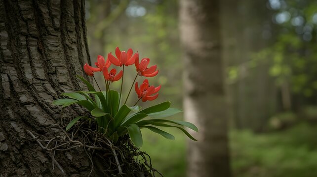 Beautiful red orchid like flowers blooming on a textured tree trunk in a tranquil forest scene