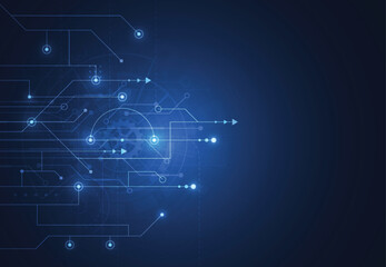 Fototapeta premium Blue digital network abstract background with glowing lines and circular nodes