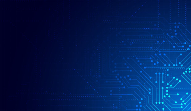 Deep blue abstract background with illuminated circuit board patterns and digital dots