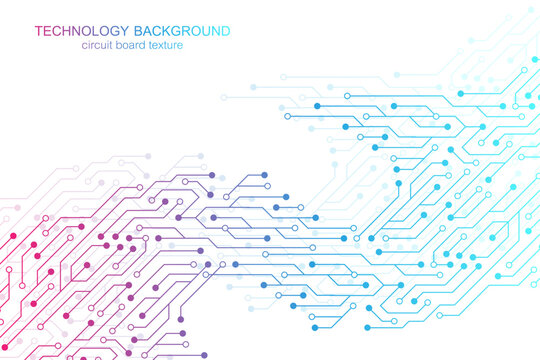 Colorful circuit board texture with pink, purple, blue and white lines and dots on white background technology
