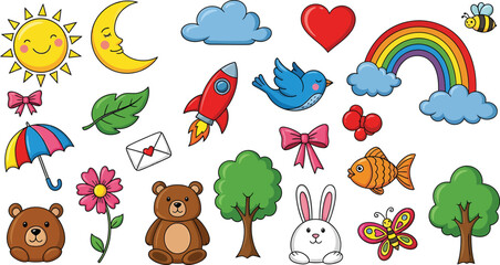 Fototapeta premium Colorful Cartoon Icons of Animals, Objects, and Nature Elements on White Background