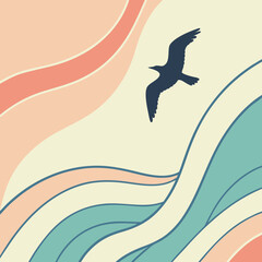 A minimalist vector graphic of a bird in flight with wavy lines