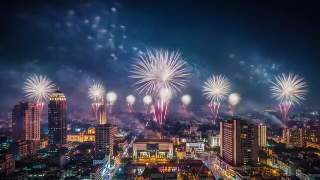 A nighttime cityscape with vibrant fireworks exploding in the sky above towering skyscrapers and bustling streets