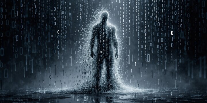 Silhouette of man composed of digital binary code numbers 0s and 1s falling like rain in dark atmosphere representing AI and futuristic concept.