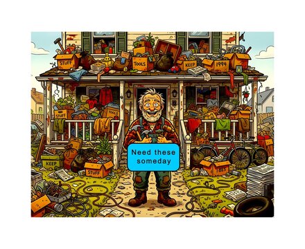 Cartoon illustration messy hoarder house with text will need someday medical healthcare intervention 