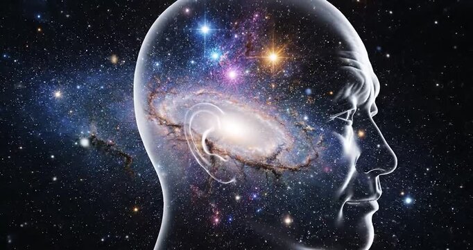 Human Head Silhouette Filled with Glowing Galaxy and Starry Universe