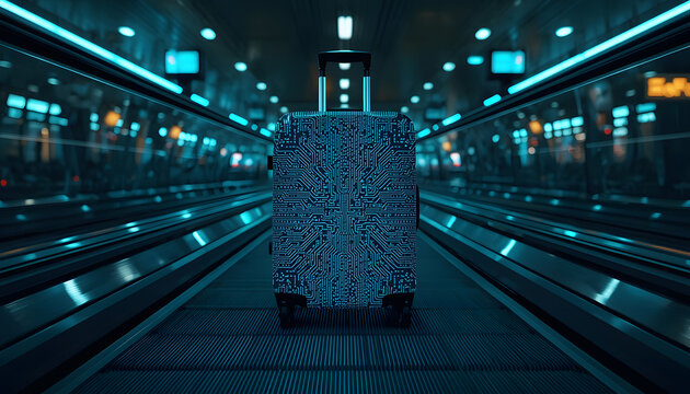  futuristic hard-shell suitcase stands motionless on an airport moving walkway, emitting a mesmerizing electric cyan glow, created with generative ai