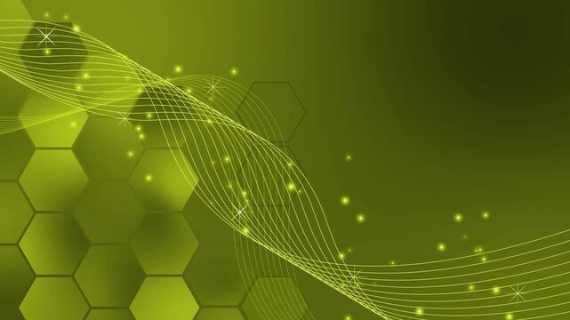 Abstract tech background with flowing light wave animation, hexagonal pattern and small glowing particles
