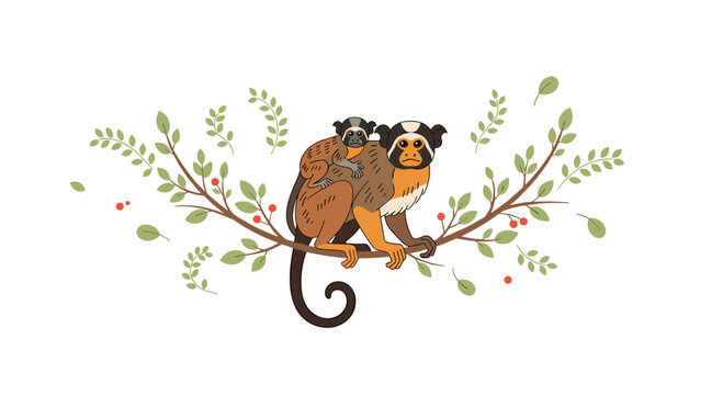 A mother cotton-top tamarin with her baby sits on a branch adorned with green leaves and red berries on a white background.