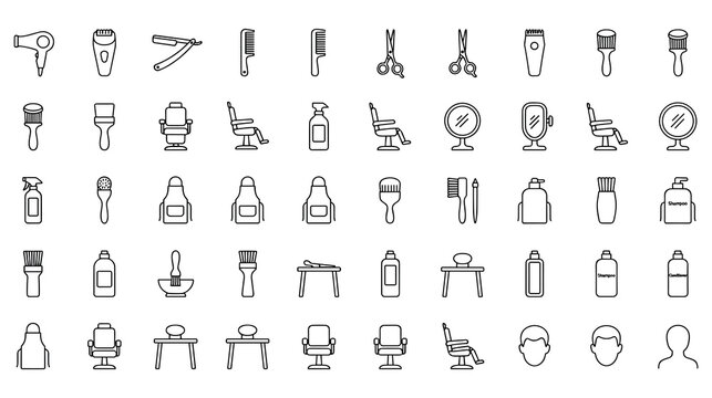 Barber shop hair salon equipment and professional tools outline icon.