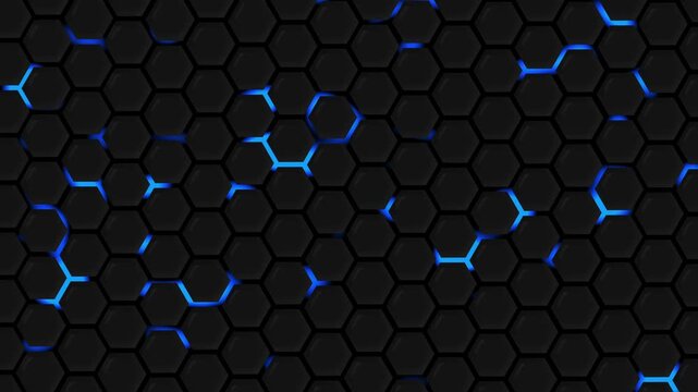 Glowing orange seams hexagonal grid background animation, Dark hexagonal honeycomb grid with glowing seams and recessed panels