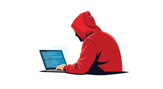 A hooded figure in a red hoodie types on a silver laptop displaying blue code against a plain white background.