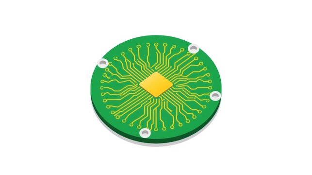 Circular green circuit board with central microchip, round electronic motherboard component, high-tech semiconductor hardware on white background
