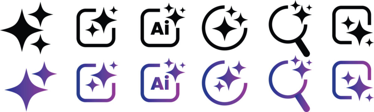 A collection of various vector icons featuring ai sparkling stars and geometric shapes including AI symbols and a magnifying glass tool