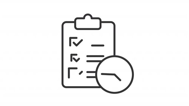 Animated checklist with clock line icon. Exam animation. Time management, planning clipboard. Todo list. Daily routine. Outline element on white background. HD video with alpha channel