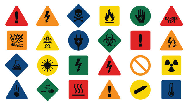 Collection of colorful hazard warning signs and safety alert symbols.
