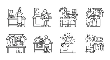 Fototapeta premium Line art illustration depicting various stages of clothing production workflow