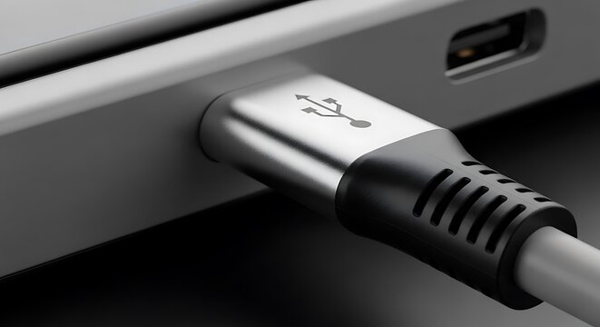 A close-up view of a USB cable connected to a device's port