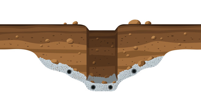 A cross-section diagram shows multiple drainage pipes within a gravel-filled trench under several layers of brown soil.