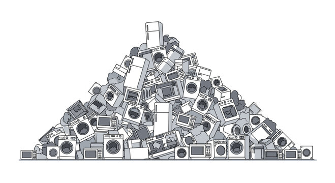A large, haphazard pile of monochrome electronic waste appliances is stacked in a mountain shape against a clean white background.