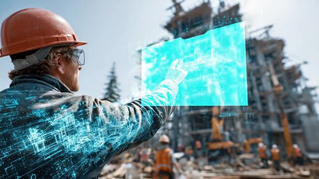 Visionary Blueprint: A construction worker, wearing a hard hat, examines a holographic blueprint against the backdrop of an active construction site, symbolizing innovation and future planning.