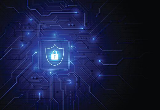 Digital circuit board with a glowing blue shield and lock representing cybersecurity and data protection technology