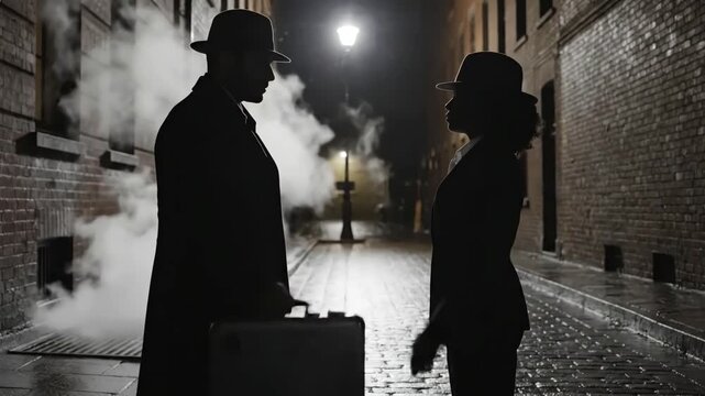 Business Two people exchange mysterious briefcase in dark alley or street at night. Silhouettes of government agents spy criminal transaction corruption. Fraud and illegal bribe payment shady deal