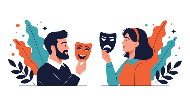 Man and woman face each other while holding happy and sad drama masks symbolizing theater, emotions, and interpersonal relationships.