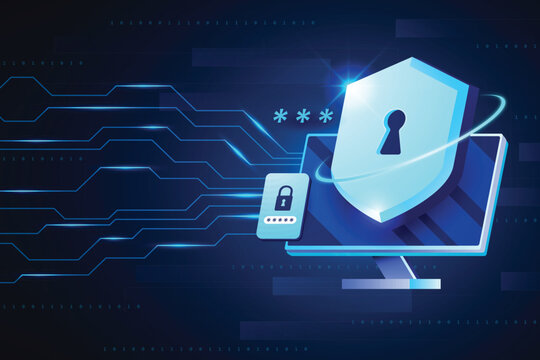 Digital shield protecting computer and smartphone from cyber threats with binary code and circuit board patterns in a futuristic blue and black abstract background