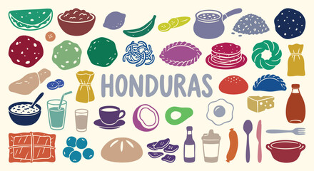 Honduras traditional food Icon Set. Honduran Food. A colorful vector collection of baleadas, tamales, coffee, beans and plantains for a restaurant menu, poster, and travel brochure. © MH HASIB