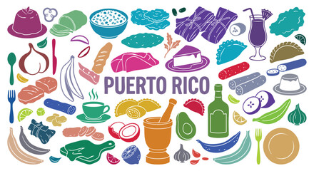 Puerto Rico traditional food Icon Set. Puerto Rican Food. A colorful vector collection of mofongo, pina colada, empanadas, and plantains for a restaurant menu, party, and travel brochure. © MH HASIB