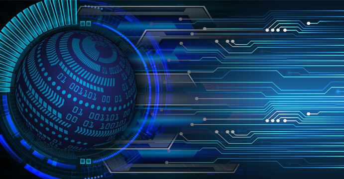 Digital sphere with binary code details set against a complex blue circuit board and data streams abstract