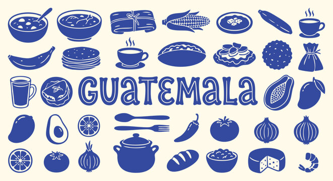 Guatemala traditional food Icon Set. Guatemalan Food. A blue vector collection of tamales, tortillas, coffee, avocado, beans and papaya for a restaurant menu, poster, and travel brochure. 