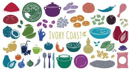 Authentic ivory coast cuisine and west african traditional food elements featuring cocoa coconut and local dishes for restaurant menu travel guide culinary blog and cultural vector illustration © MH HASIB