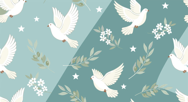 Elegant seamless pattern features flying white doves with olive branches and delicate white flowers on a soft teal background.