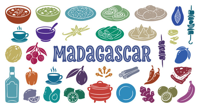 Exotic tropical madagascar cuisine and national food elements including fresh fruit vanilla spices and traditional dishes for island restaurant travel guide and food blog vector design