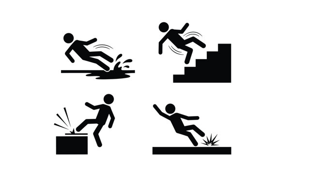 Informative set of black icons depicts various ways a person can slip on a wet floor or fall down a flight of stairs.