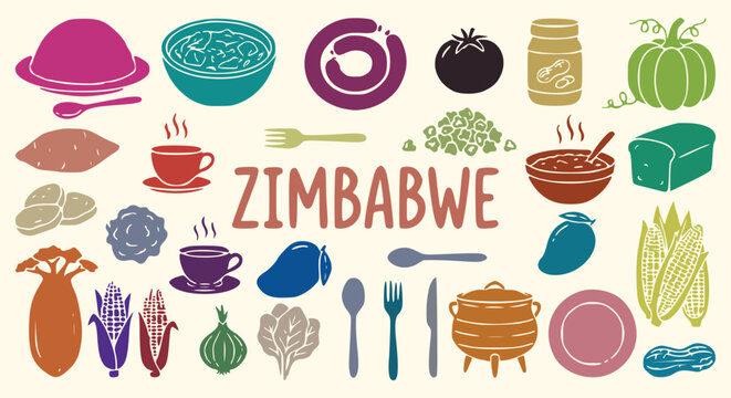 African culinary heritage and traditional zimbabwe cuisine featuring national dishes maize and fresh vegetables for authentic local restaurant menu food guide and travel vector illustration