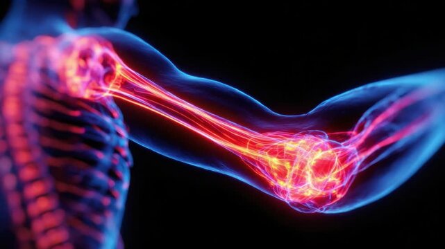 Anatomical Spotlight: An artistic, digitally rendered depiction of an elbow joint highlights the intricate network of bones, ligaments, and nerves, showcasing the essence of human anatomy.