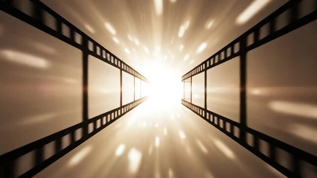 Transport Cinema transition. Film strip transition scene 1 with distortion, overlay, glitch, static noise, scan lines on black background, 4k animated video loop