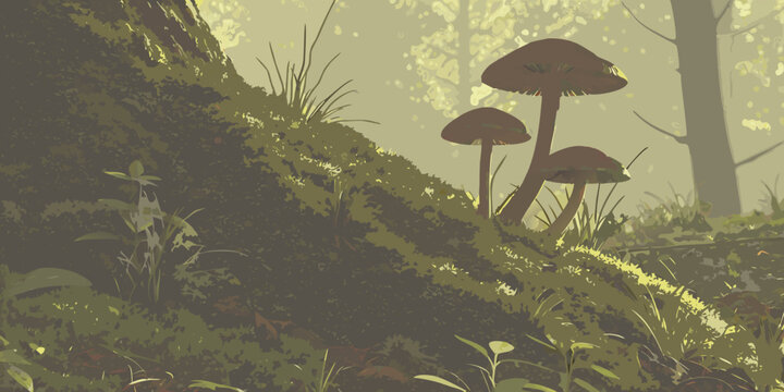 A serene forest scene with mushrooms growing on a mossy hillside