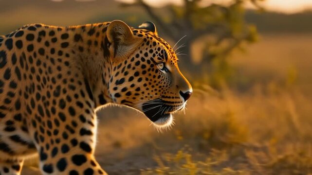 Majestic Leopard Stalking Through Savanna at Golden Hour